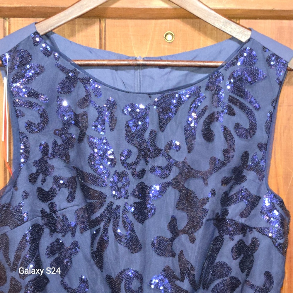 High End Customization Blue Sequin Floral‎ Mesh Sleeveless Top Boat Neck NWT